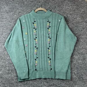 Honor Millburn Womens Sweater‎ Sz L Green Blue Floral Cable Knit Vintage Cottage